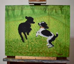 I made this painting referencing a photo I snapped of them playing in the snow last winter. I was longing for spring, so I transformed it into "Dandelions & Dogs" with lots of green!