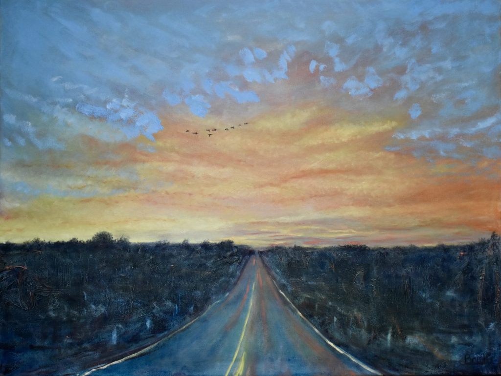 painting of sunrise at end of middle of road