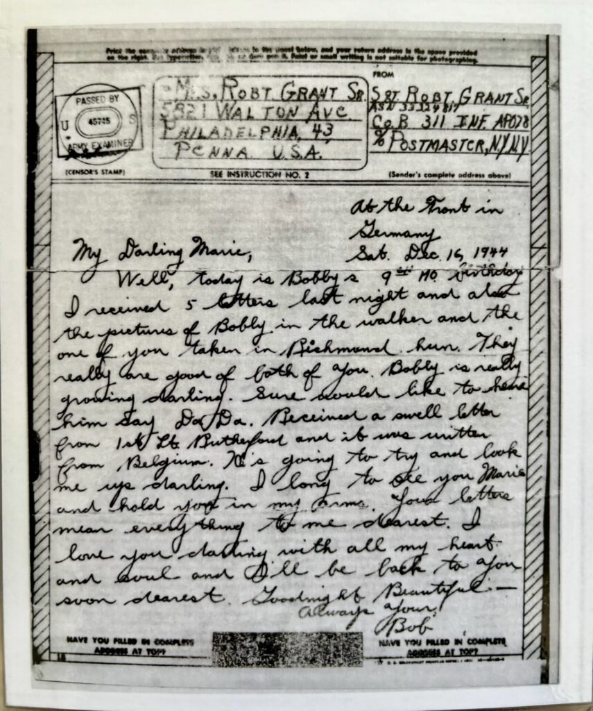 Letter from Sgt. Grant to Marie inquiring about Bobby the day before he was killed
